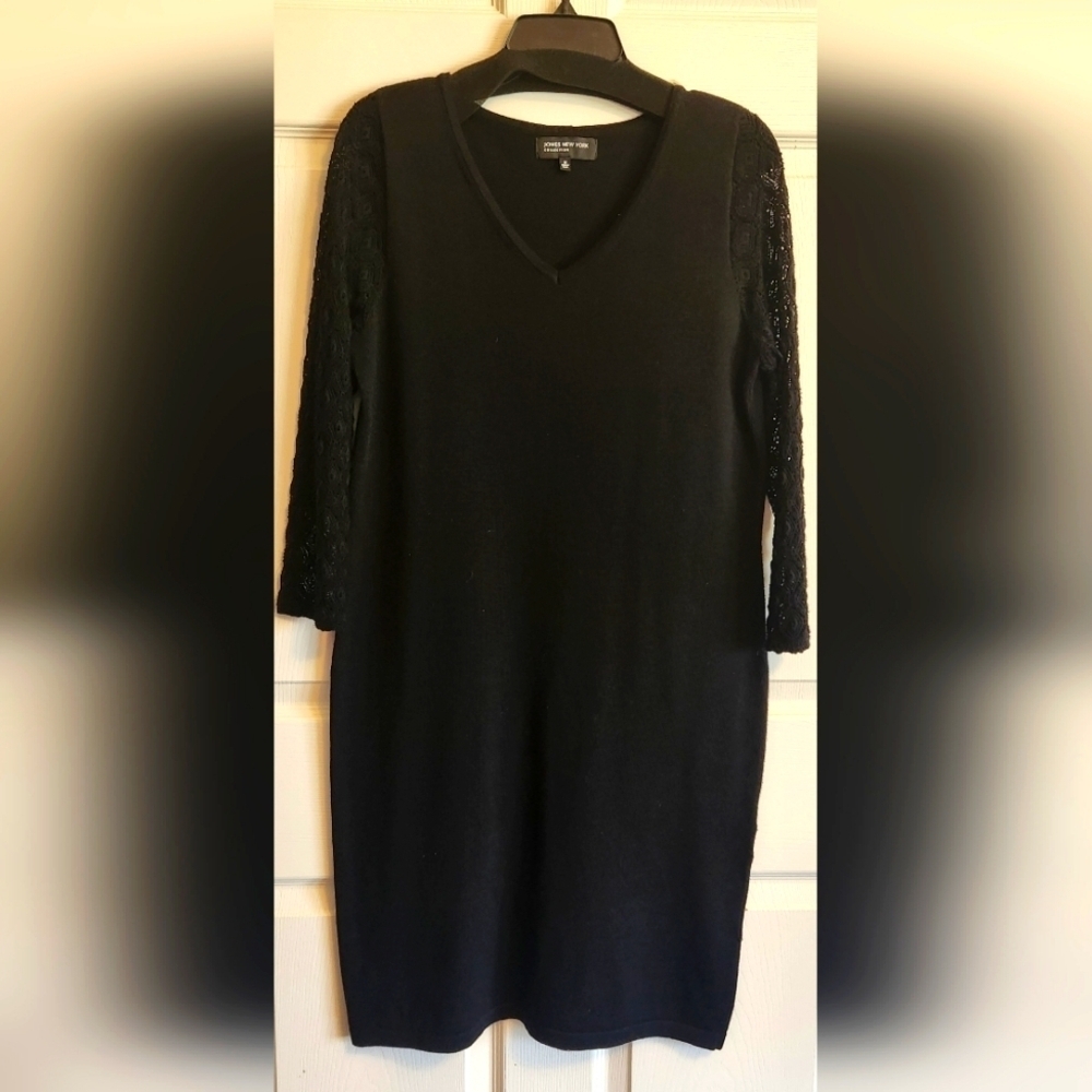 Jones New York Black Dress With Crochet Sleeves Medium